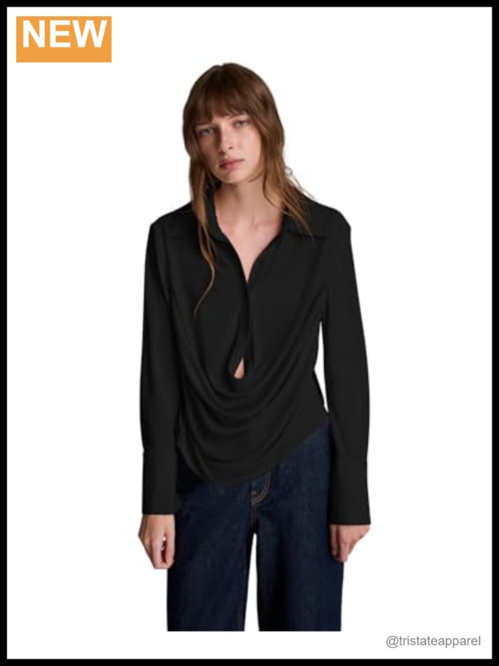 Women's Long Sleeve Drape Front Blouse - 94% Polyester 6% Elastane, Collared